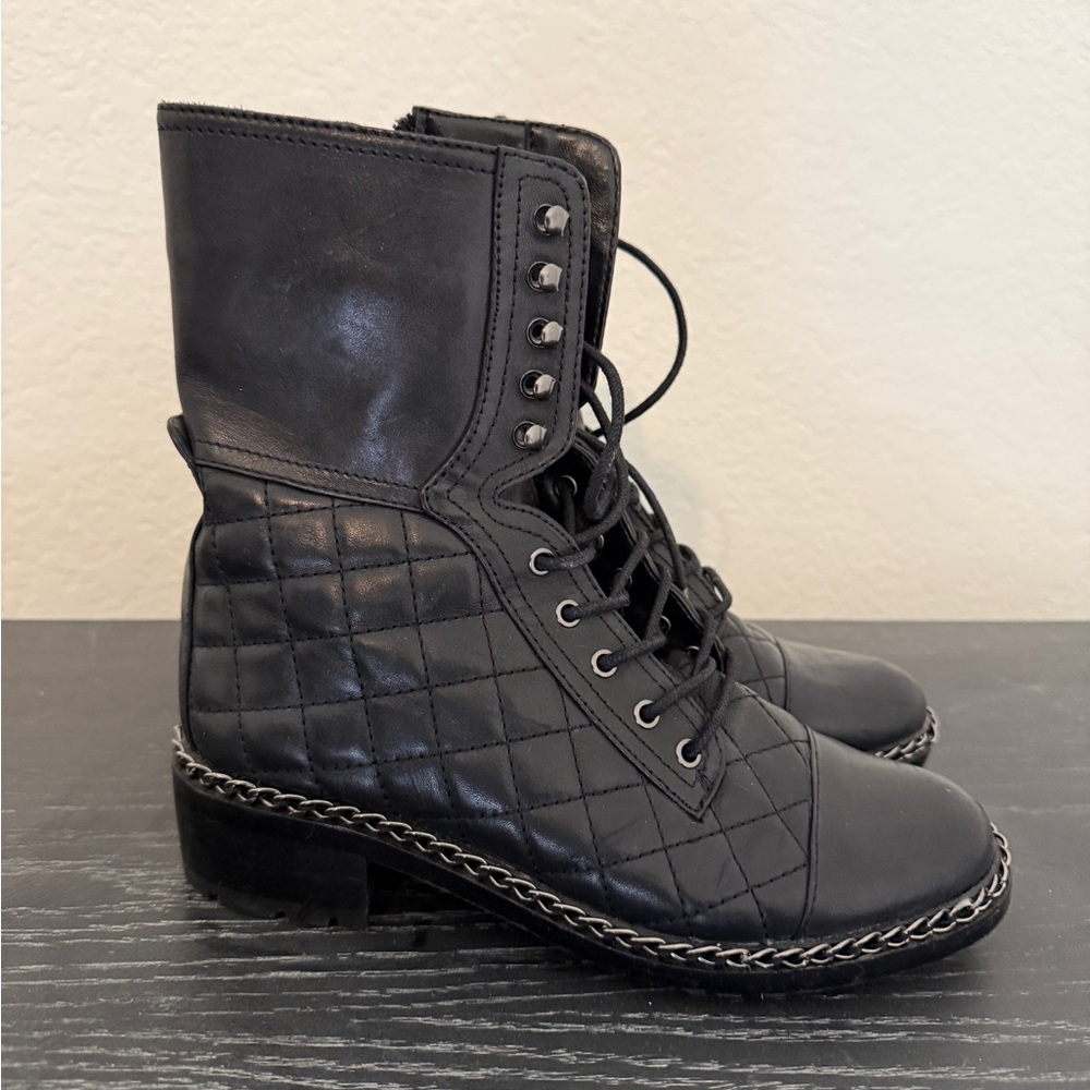 Black Combat Moto Boots with Quilted Texture
